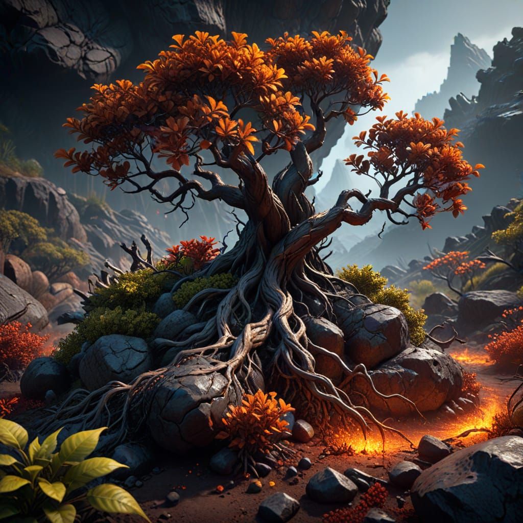 Hyperdetailed Ironroot Shrubs in Dark Fantasy Style