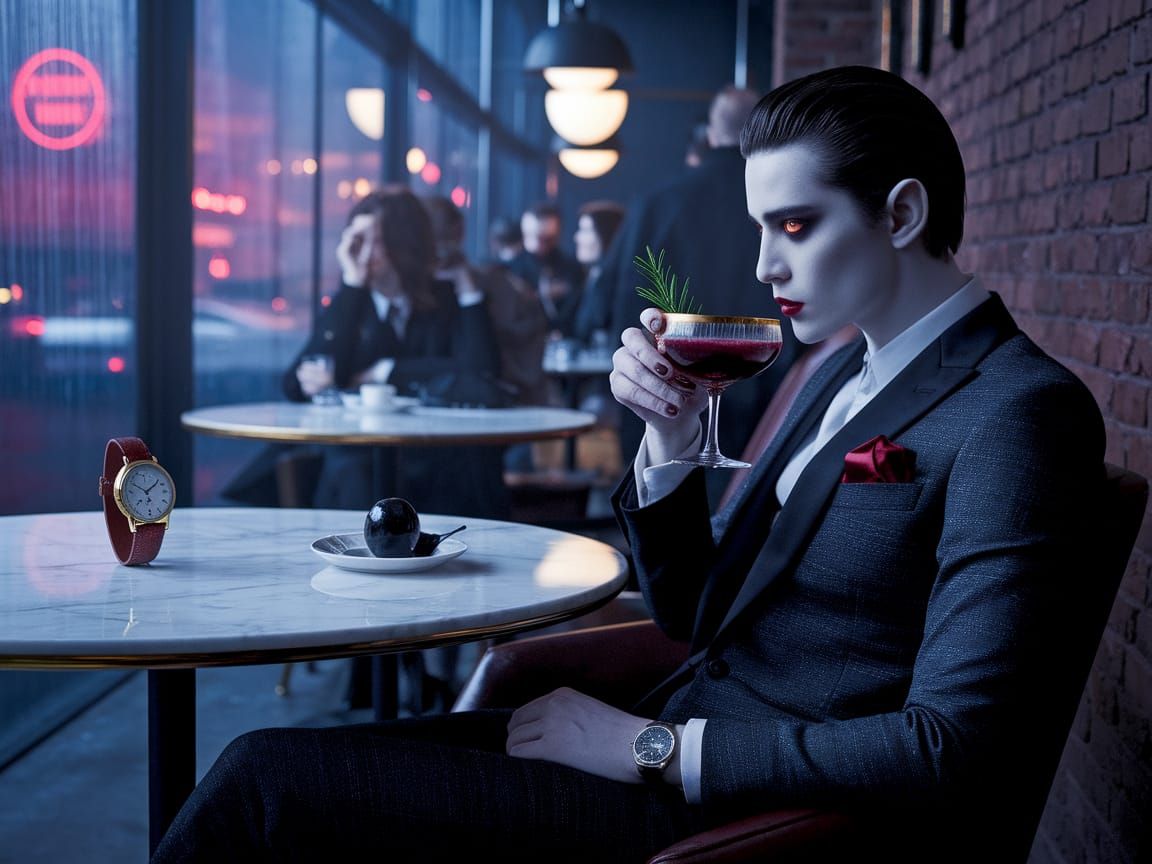 Elegant Vampire Unveiled in Chic Urban Café