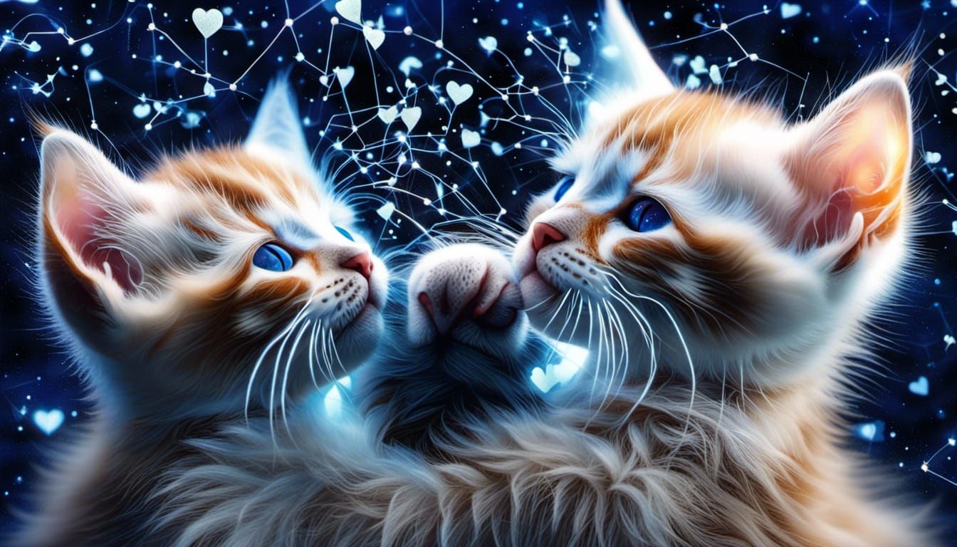 Constellation Kittens Kissing in Opalescent Garden