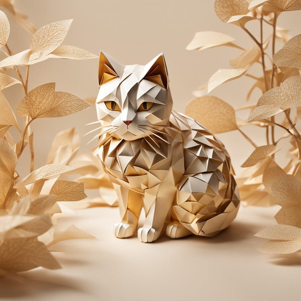 Golden Origami Maneki-Neko in Whimsical Papercraft Scene