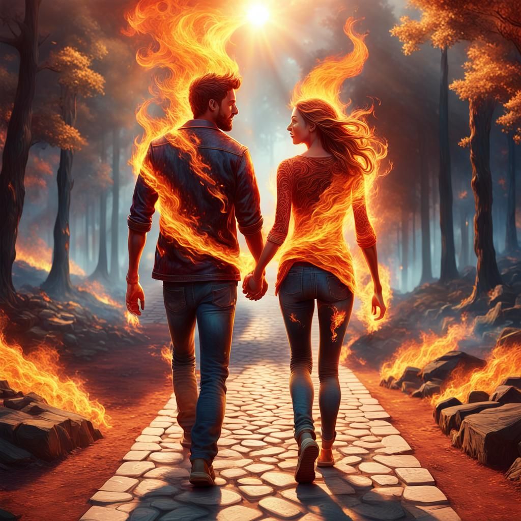 Fiery Couple in Love: A Hyperrealistic 3D Rendering