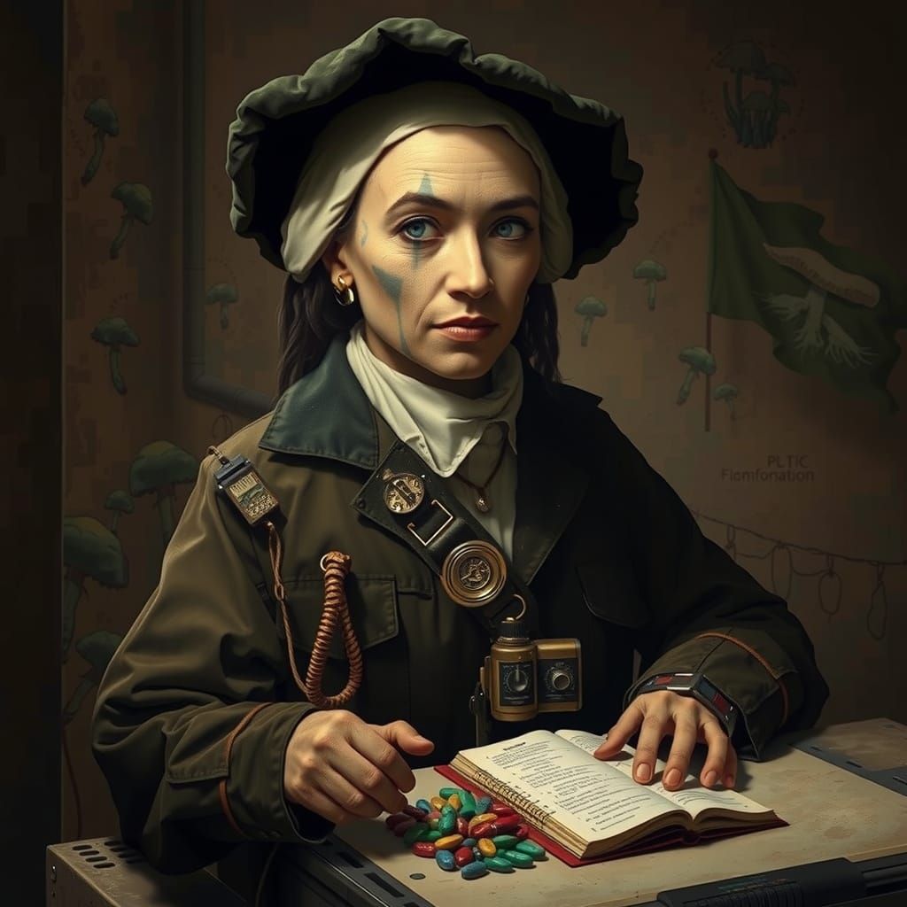 Scientist Among Mushrooms in Surreal Industrial Setting