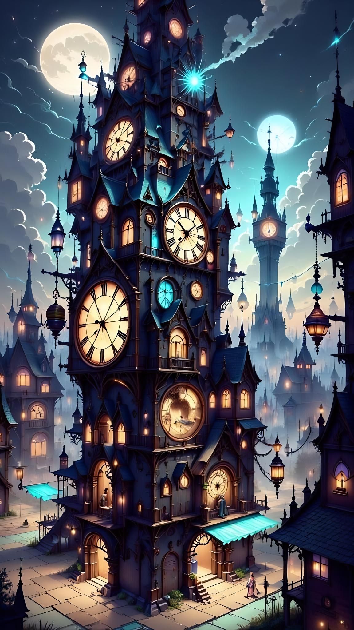 Aetherpunk Clock Tower at Night with Intricate Details