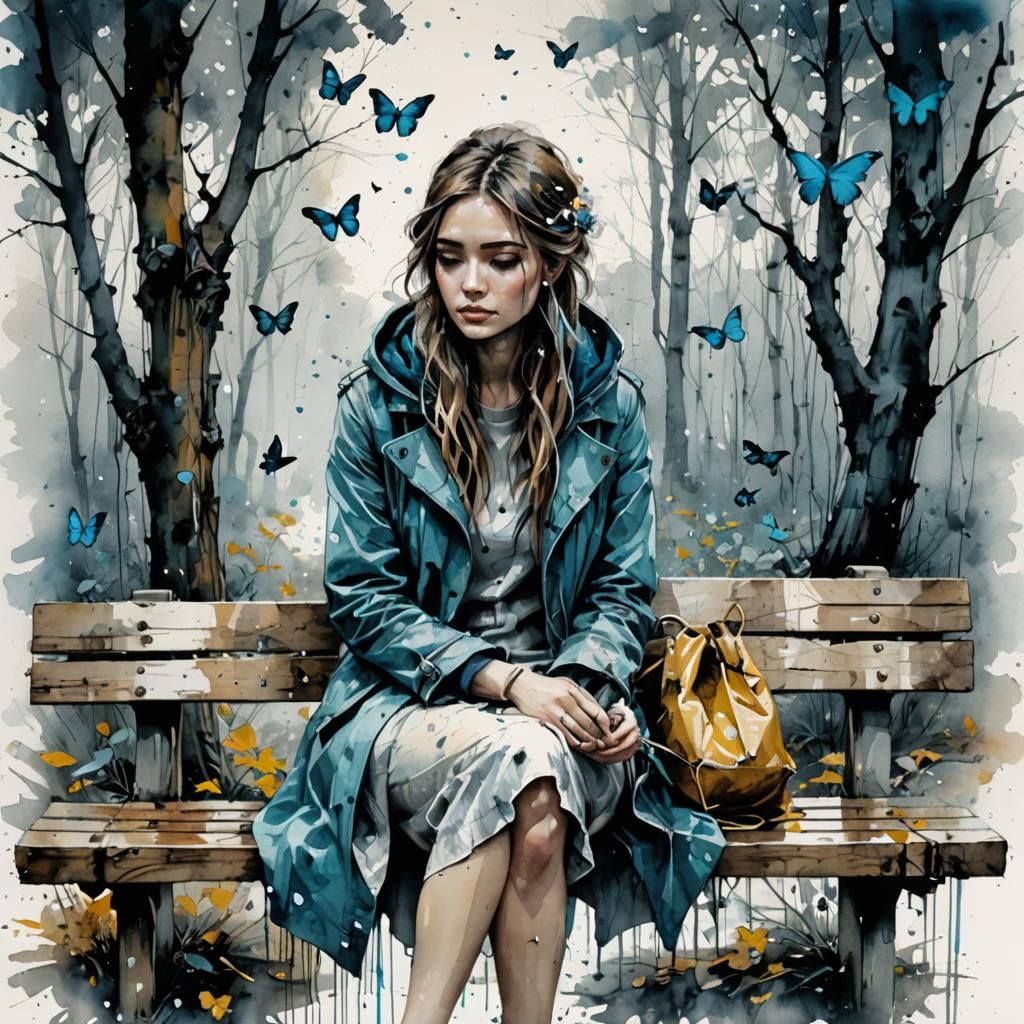 Sad Girl on Bench in Watercolor Style