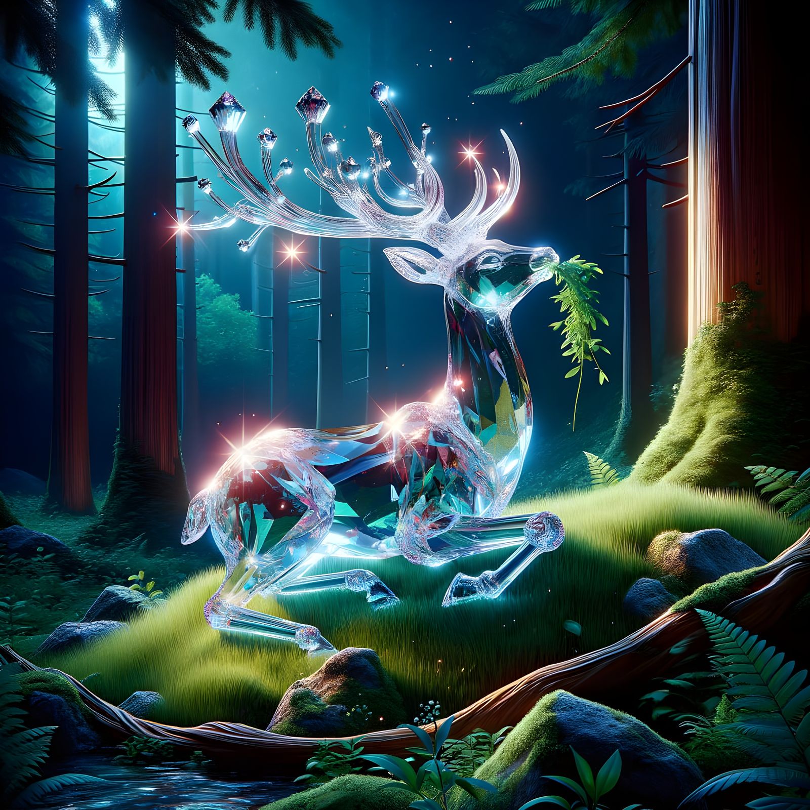 Enchanted Crystal Deer in Radiant Forest Sanctuary