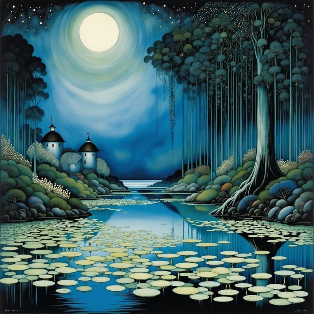 Dreamy Water Lilies Under Moonlit Skies