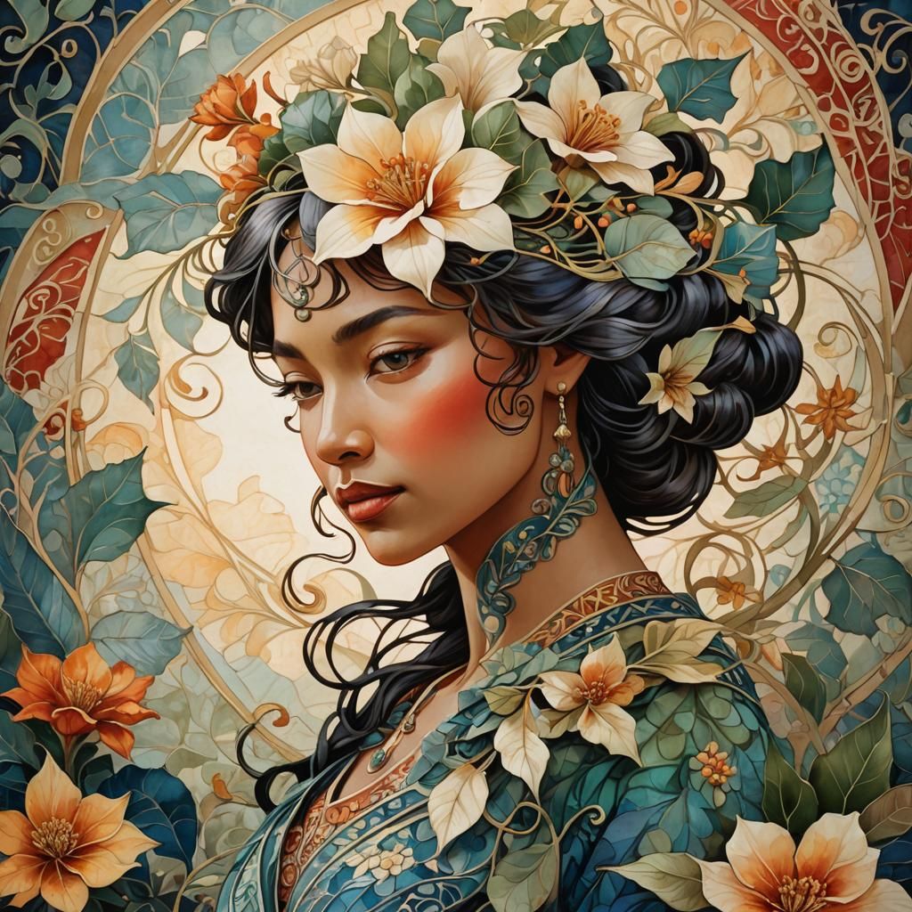 Batik Art Nouveau Portrait of Winter Flower