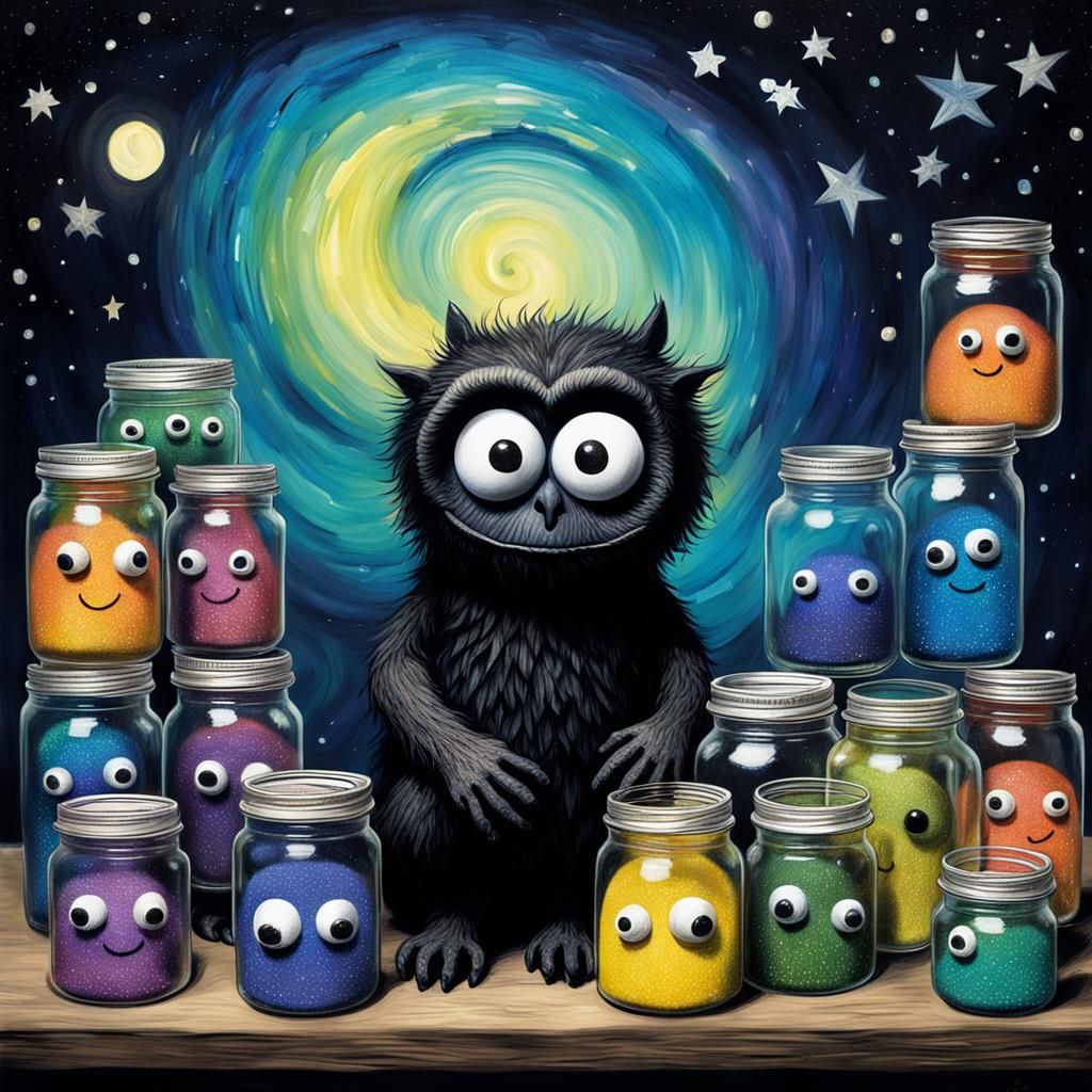 Gothic Creature with Googly Eyes in Starry Night Style