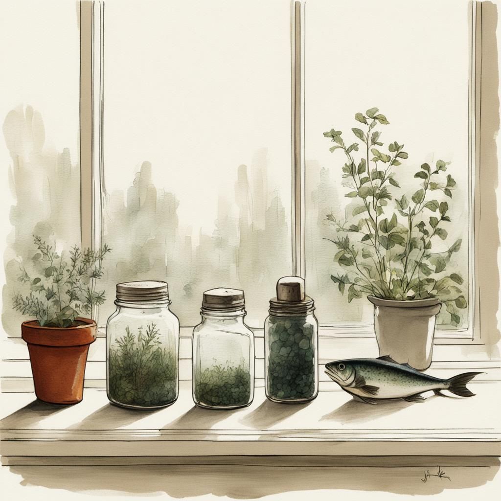 Levitating Fish Sketch on Kitchen Windowsill