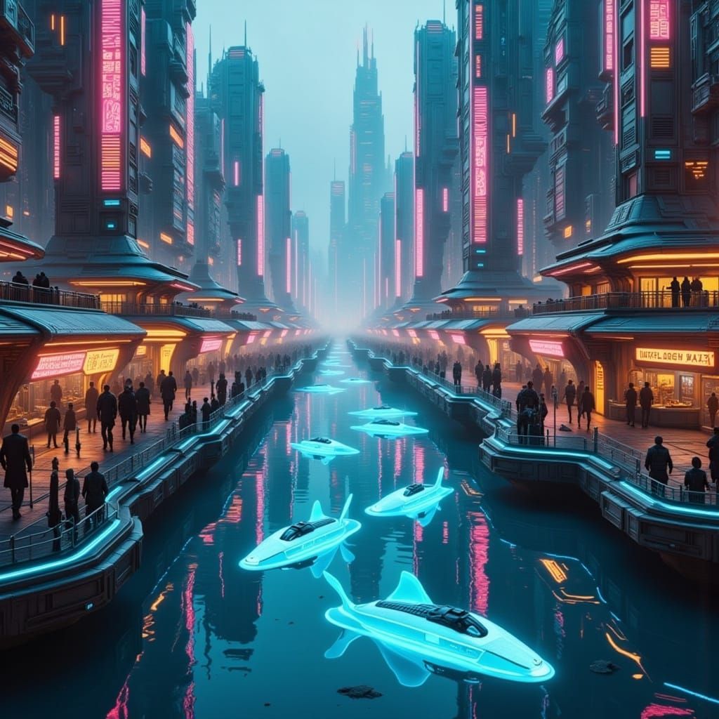 Futuristic Port City with Robotic Fishermen in 3D Digital Ar...
