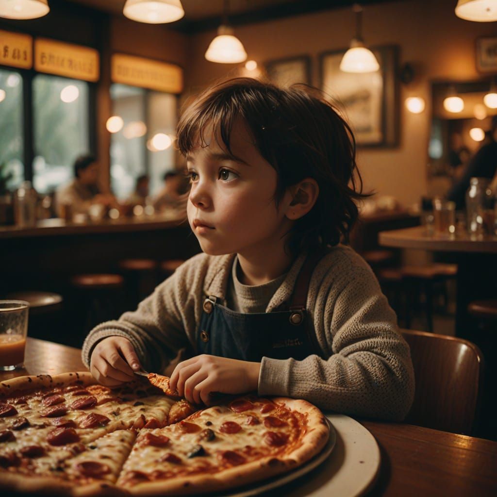 Warm Cinematic Moment of a Child Enjoying Pizza in a Cozy Pi...