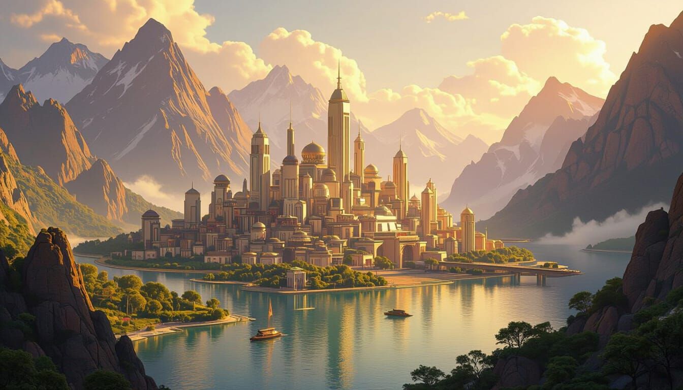 Mystical Cityscape with Ancient and Futuristic Architecture