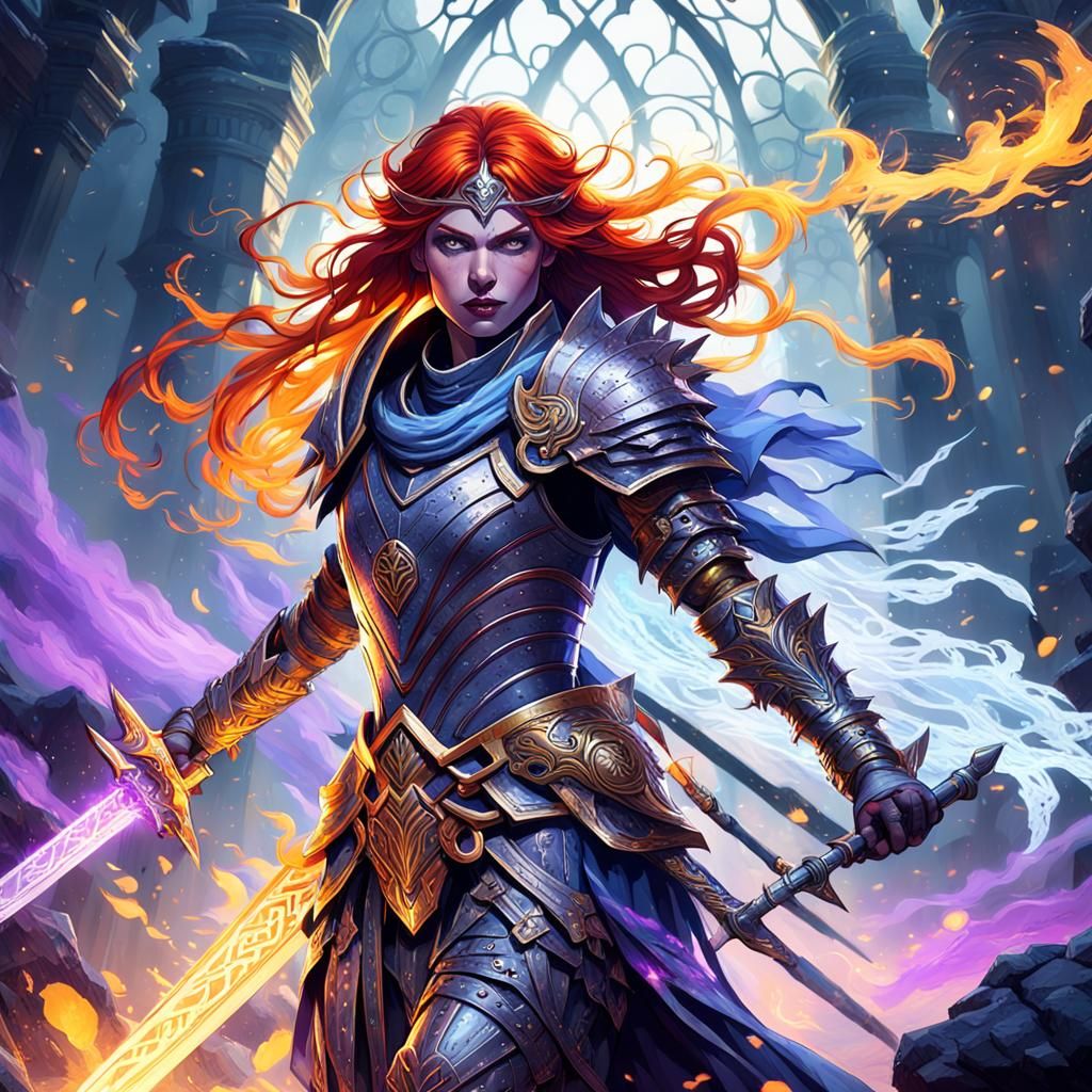 Fiery Haired Warrior with Ice Sword, Dark Fantasy Art