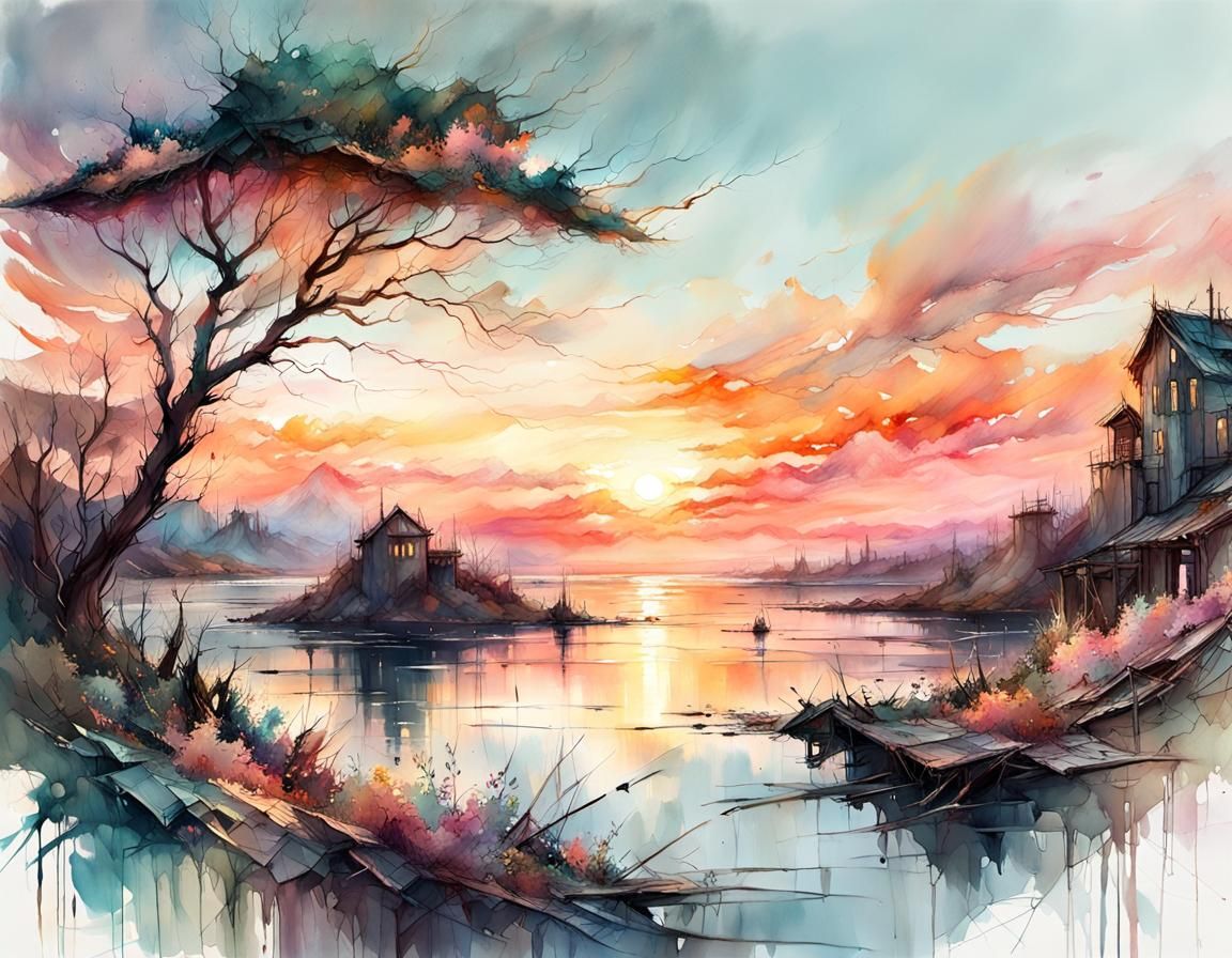 Pastel Fantasy Sunset Digital Watercolor