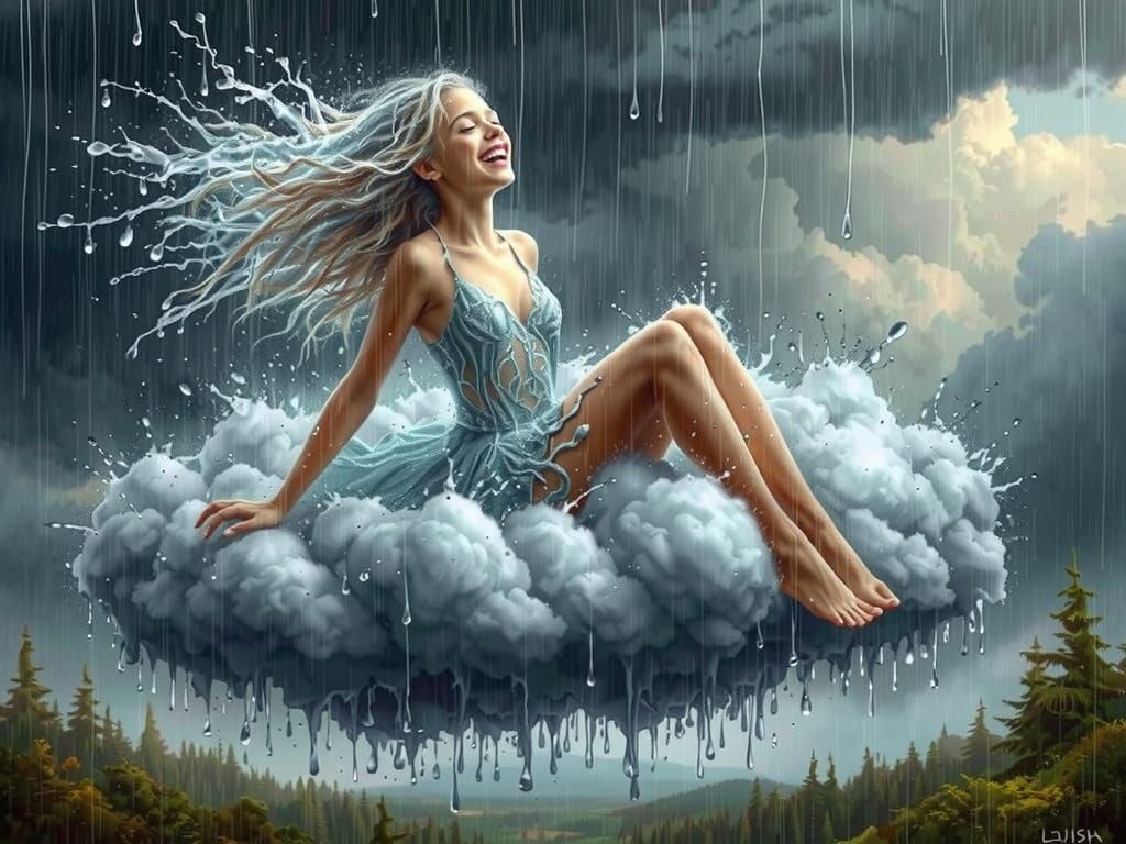 Girl in Water Dress on Cloud, Hyperrealistic Digital Art