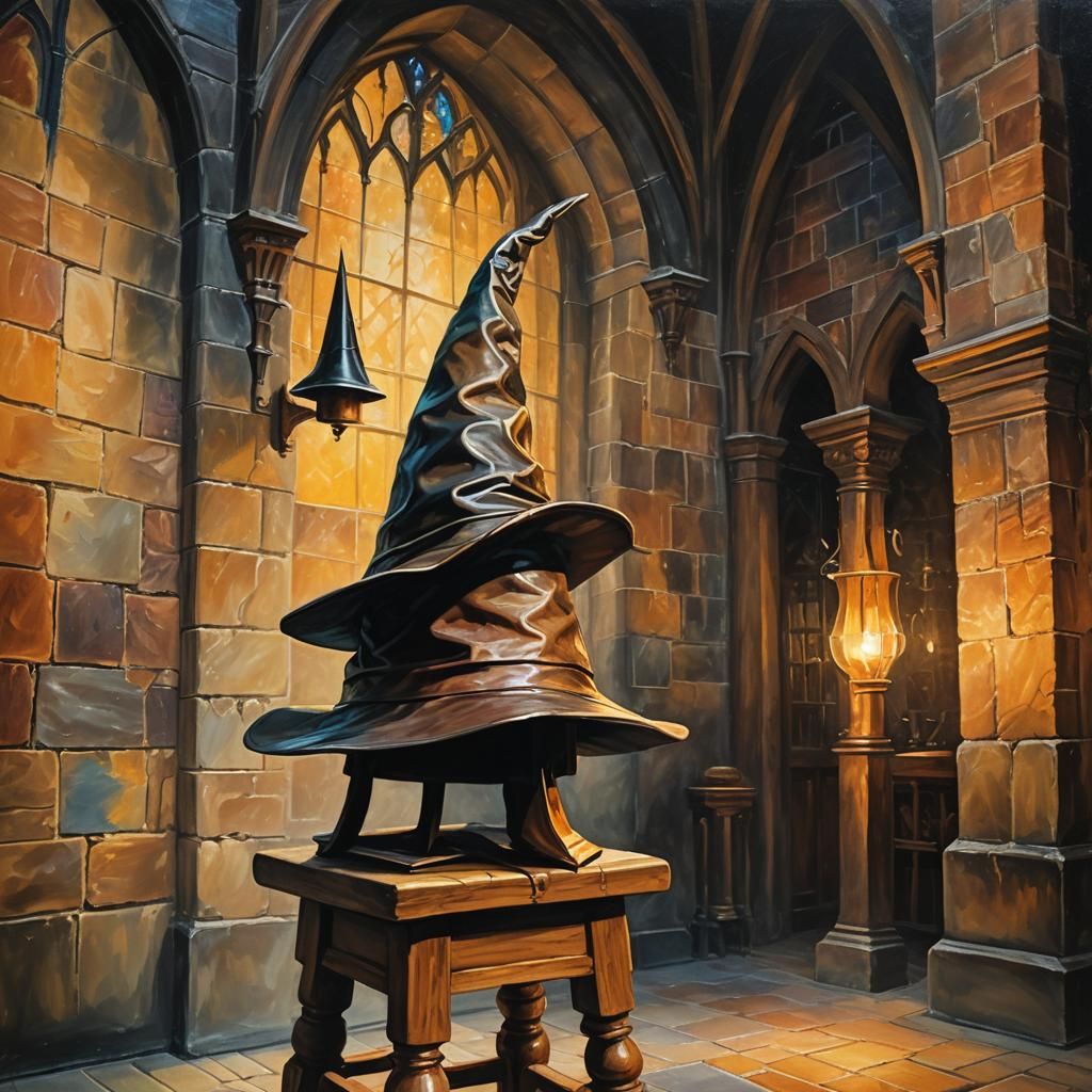 Sorting Hat Floats in Hogwarts Great Hall: Oil Painting