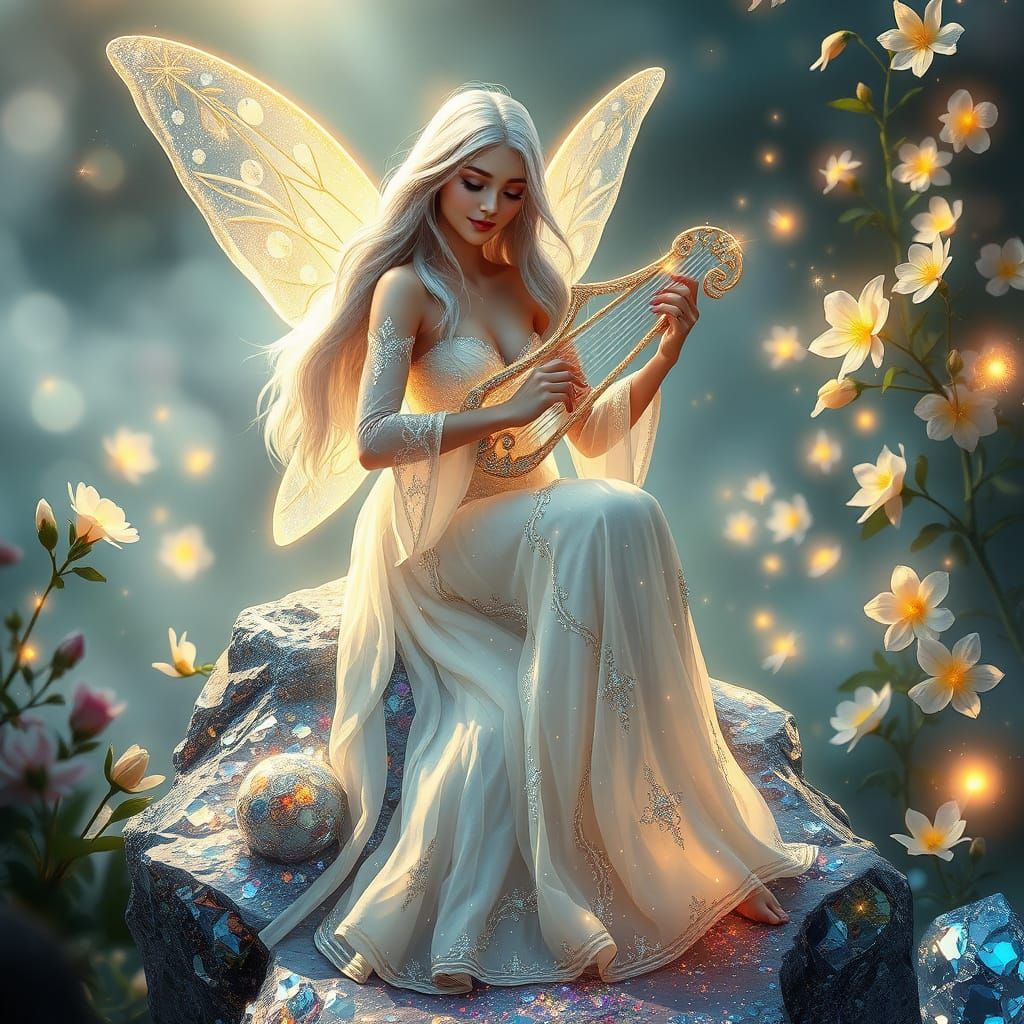 Serene Fairy Plays Glowing Lyre Amidst Crystal Formation and...