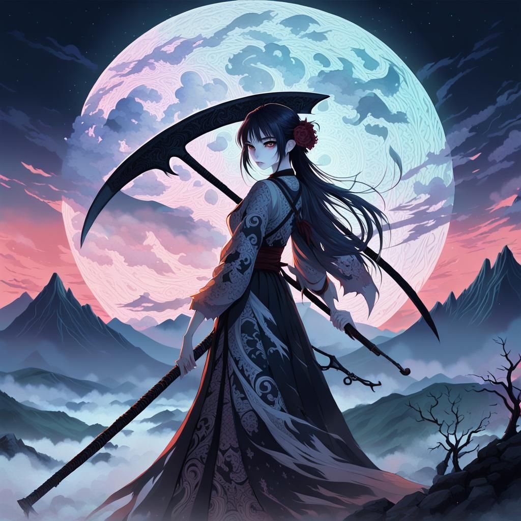 Demonic Anime Girl with Scythe and Moon