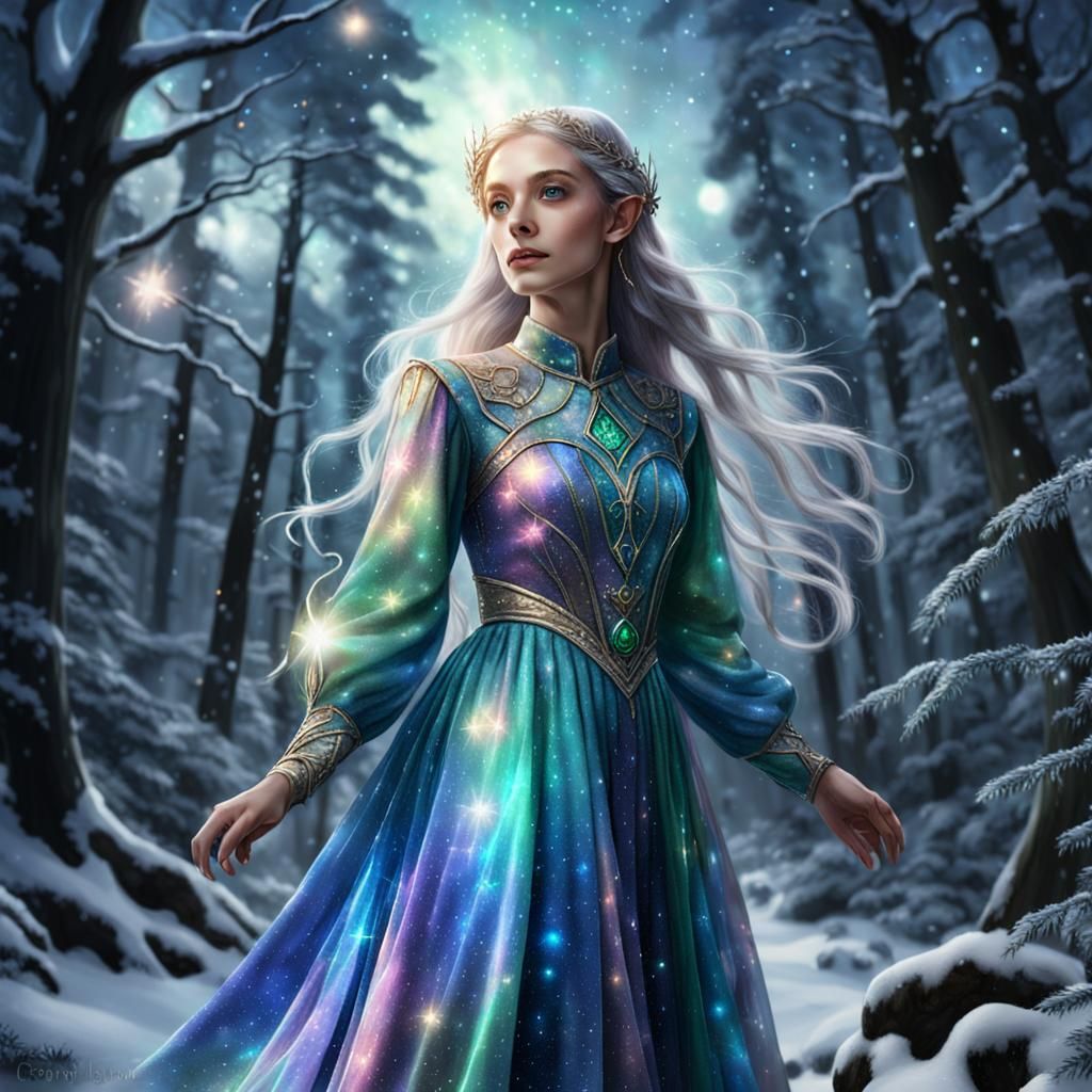 Elf in Iridescent Dress in Snowy Forest