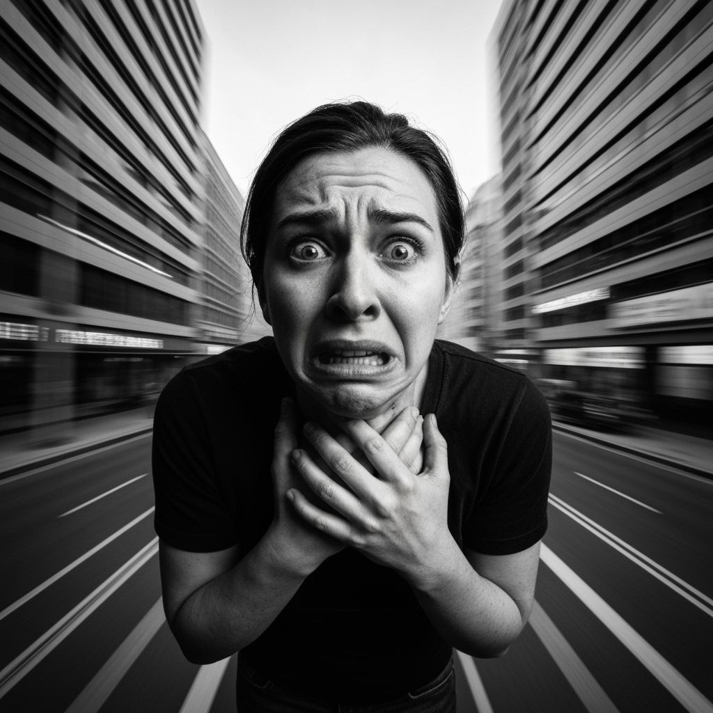 Hyper-Realistic Monochrome Photo of Panic Attack Distress
