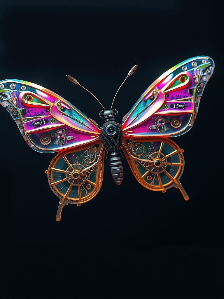 Biomechanical Steampunk Butterfly in Neon-Lit Futurism