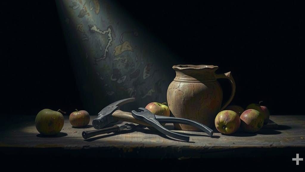 Moody Still Life with Cracked Jug and Apples in Dramatic Lig...
