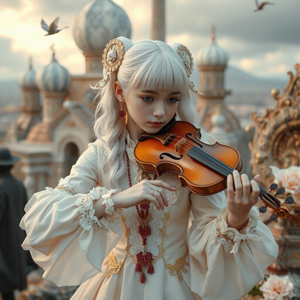 Albino Violinist in Surreal Dreamscape, Hyperdetailed 8K