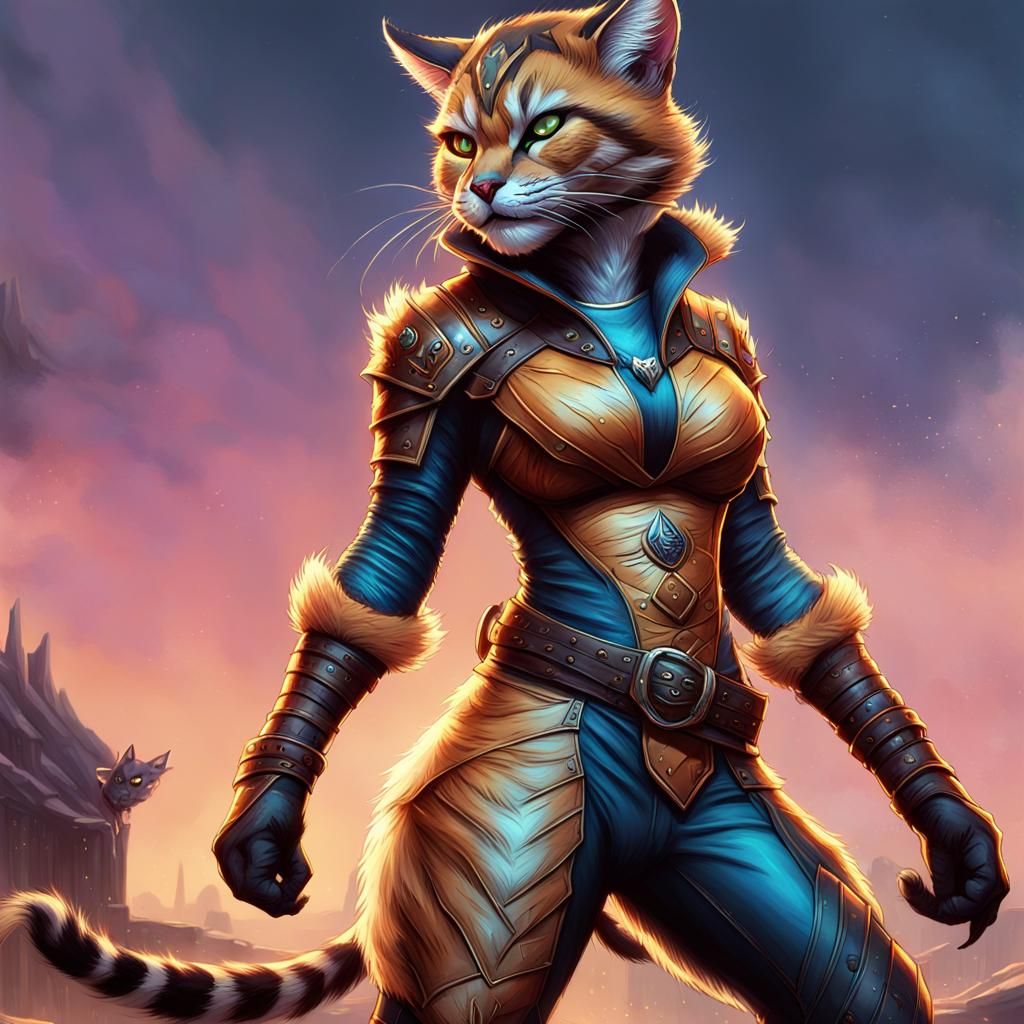 Floofy Tabaxi Woman: Cel-Shaded Comic Art