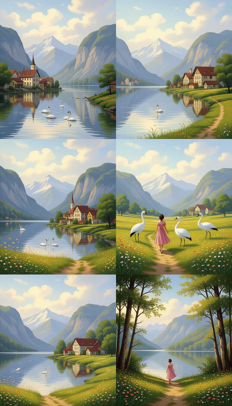 A quiet walk through painted light, where swans drift, crane...