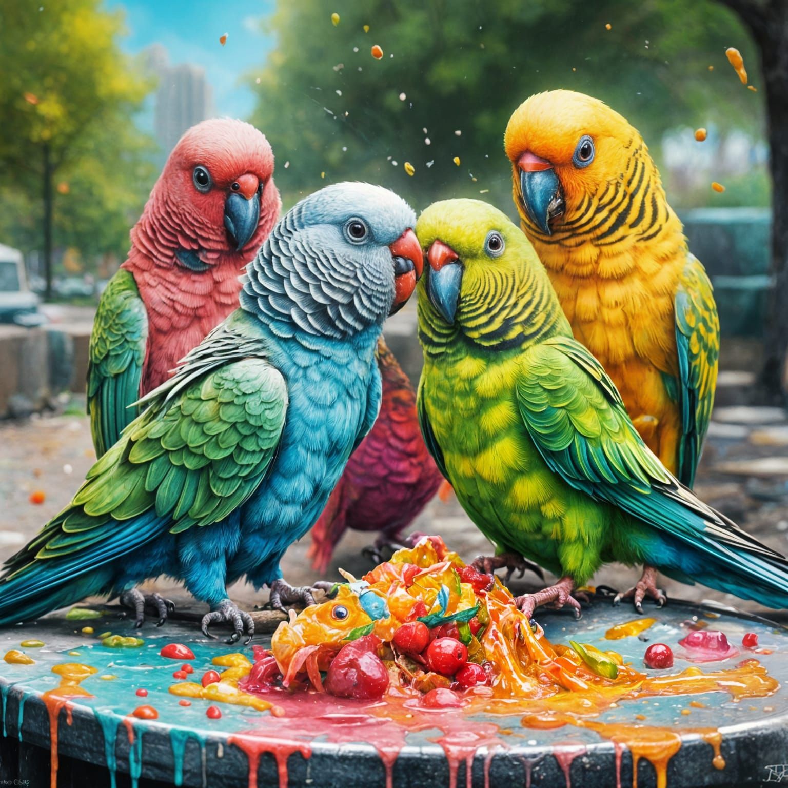 Parakeets in a Park: Graffiti Art Style