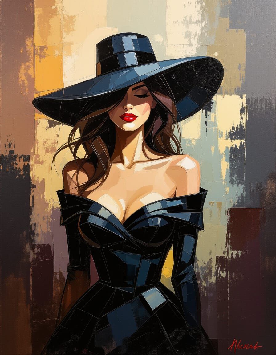 Abstract Impasto Painting of Woman in Black