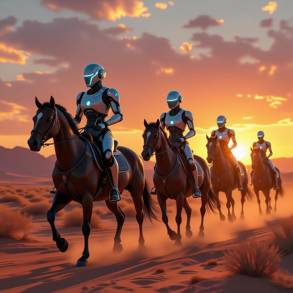 Robot Riders Race Real Horses in Desert Sunset