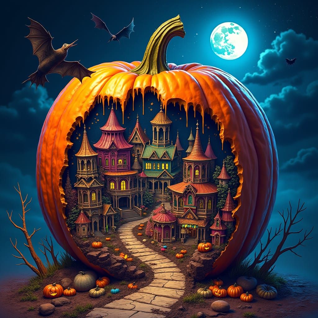 Whimsical Halloween Town Carved From a Pumpkin