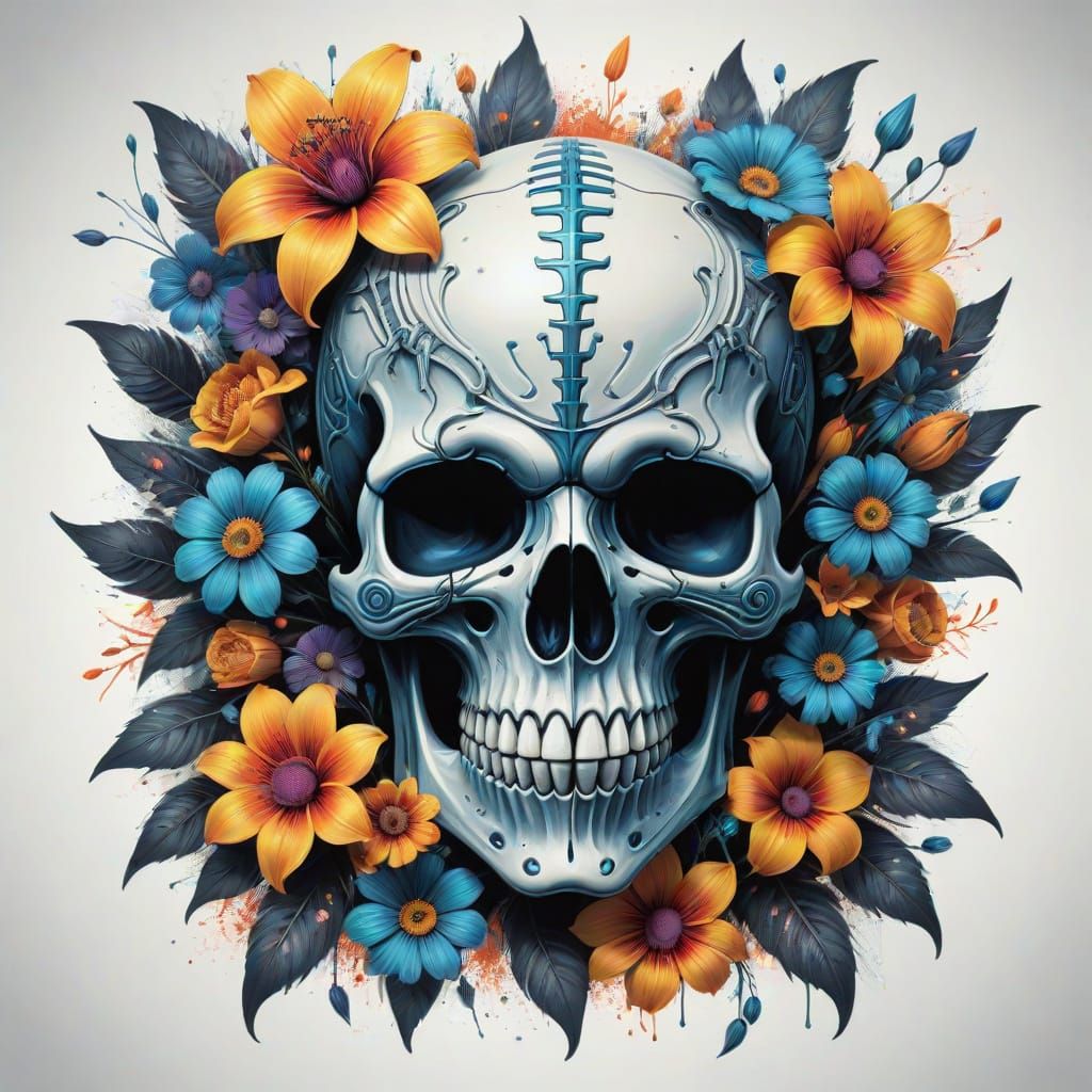 Skull and Vibrant Flowers in Giger Style