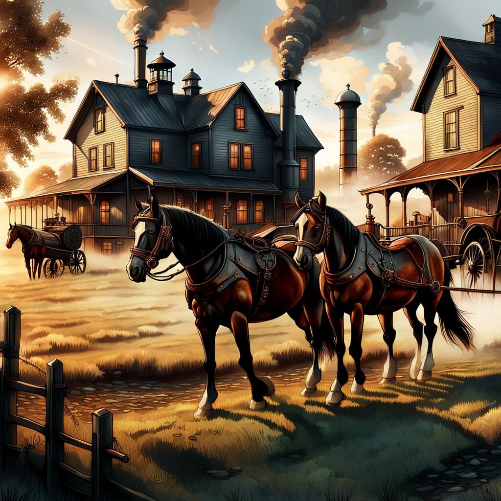 Steampunk Horses in Rural Landscape with Engine