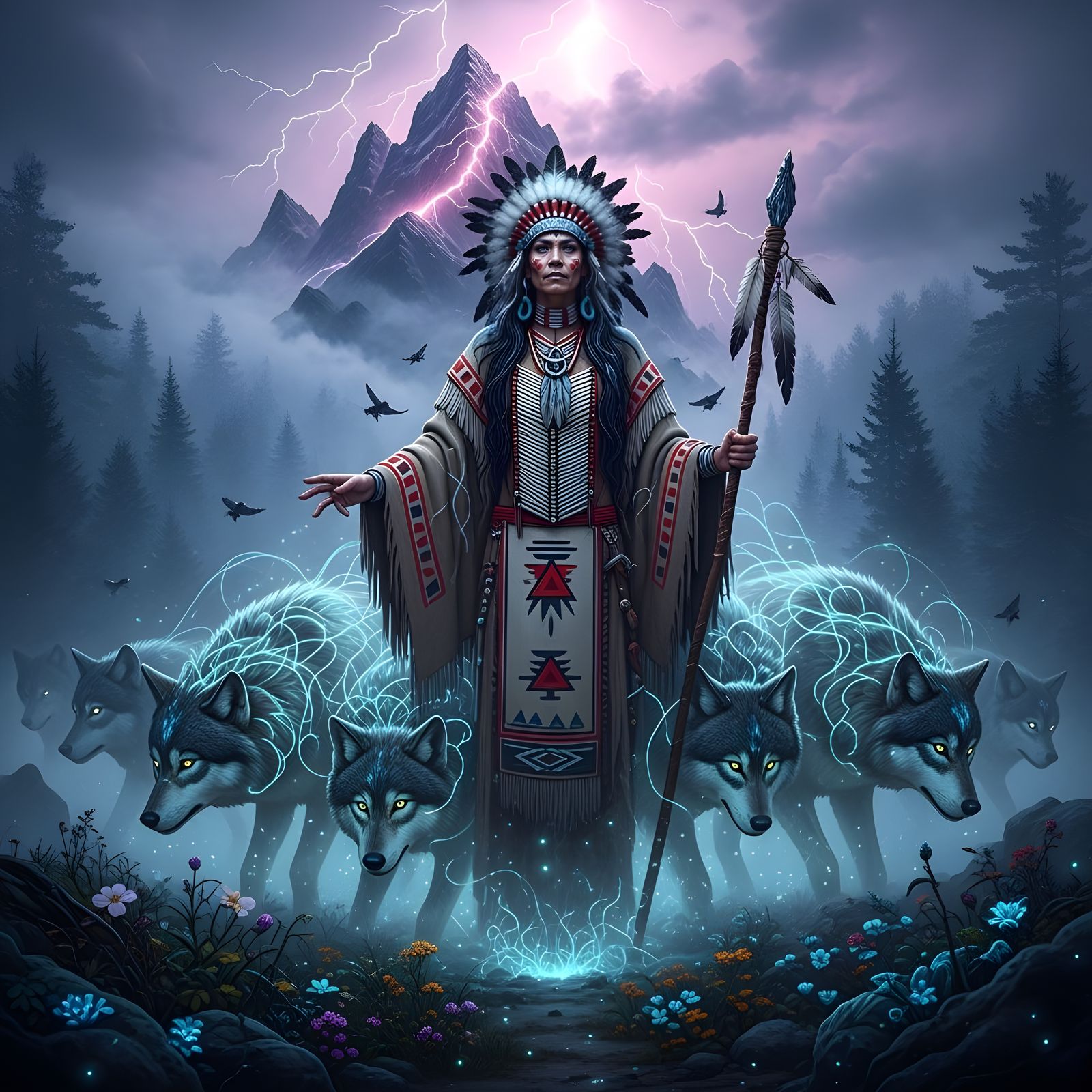 Native American Shaman and Wolves in Ethereal Forest