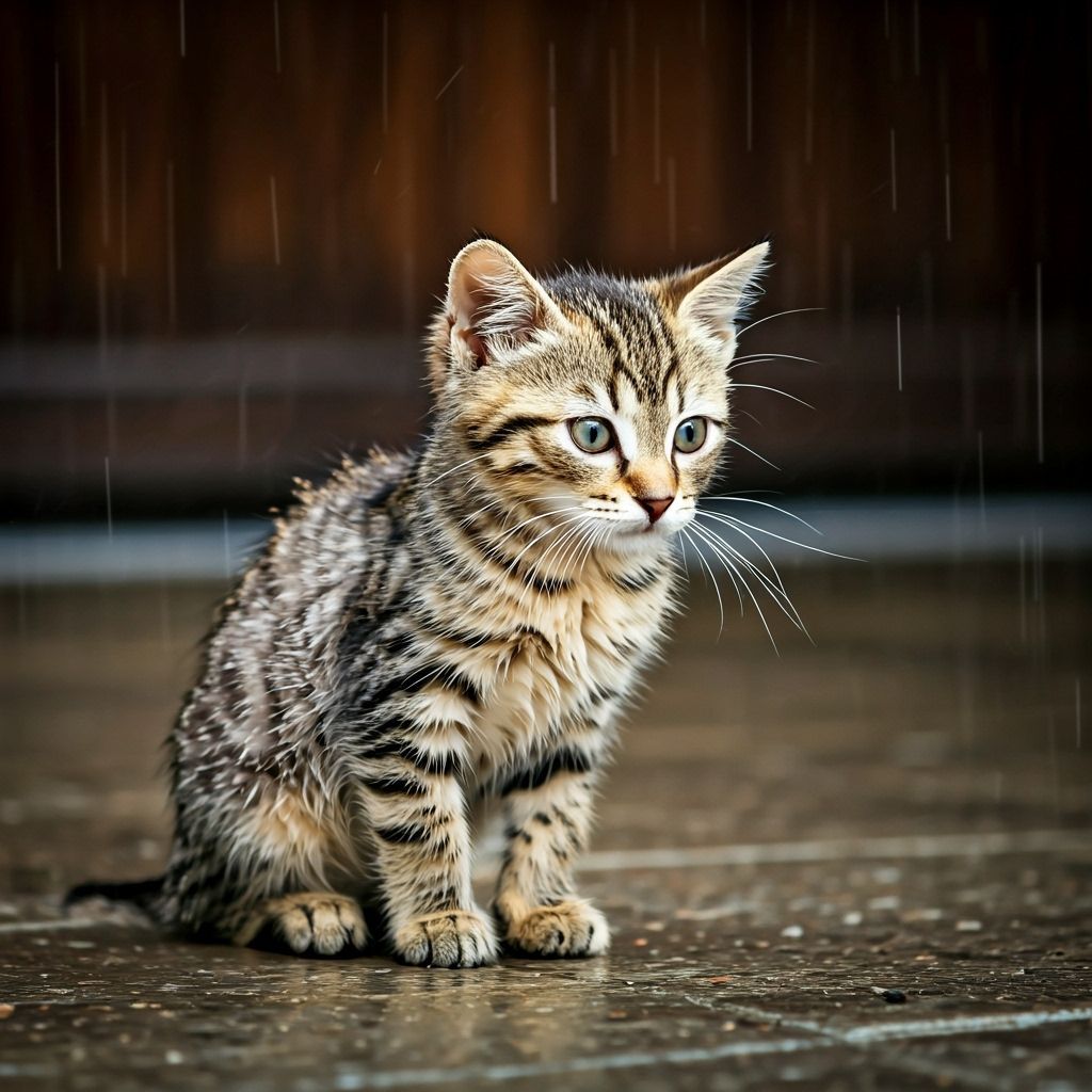 Wet Kitten Sheltering from Rainstorm on Doorstep
