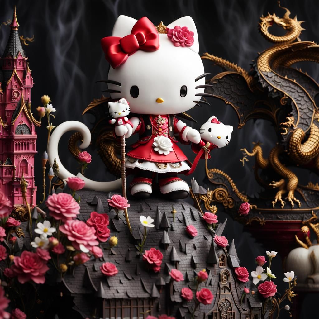Gothic Hello Kitty vs Dragon in Art Nouveau Style