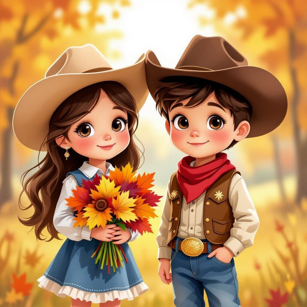 Young European Cowgirl and Cowboy Children in Autumn Style