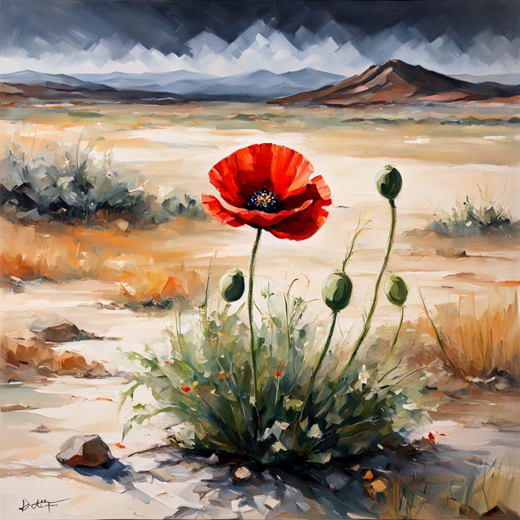 Impressionist Red Poppy in Rocky Landscape Oil Painting
