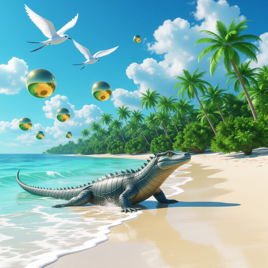 Marine Monitor Lizard with Flying Fish: Anime Art