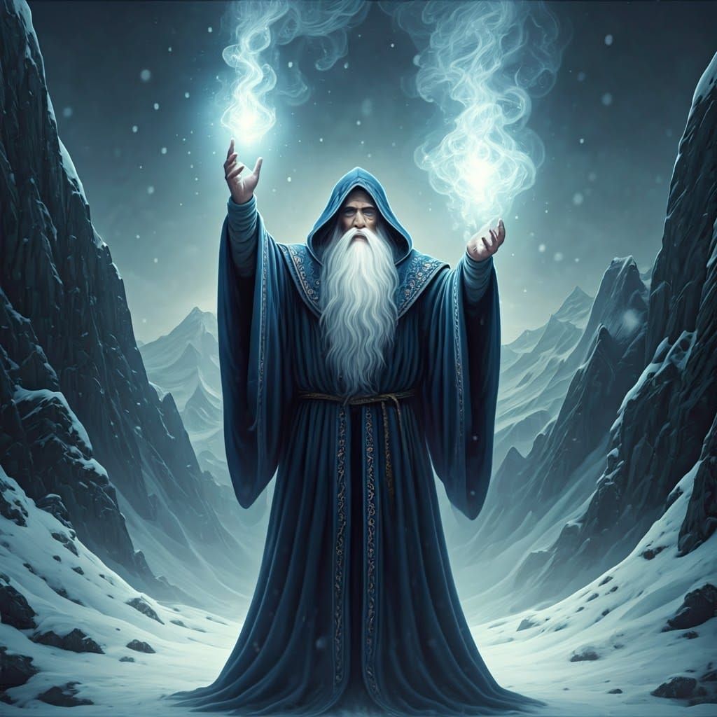 Wizard Conjuring Blizzard in Surrealist Style