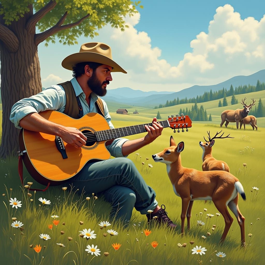 Man Serenades Wildlife in Meadow, Digital Oil Painting