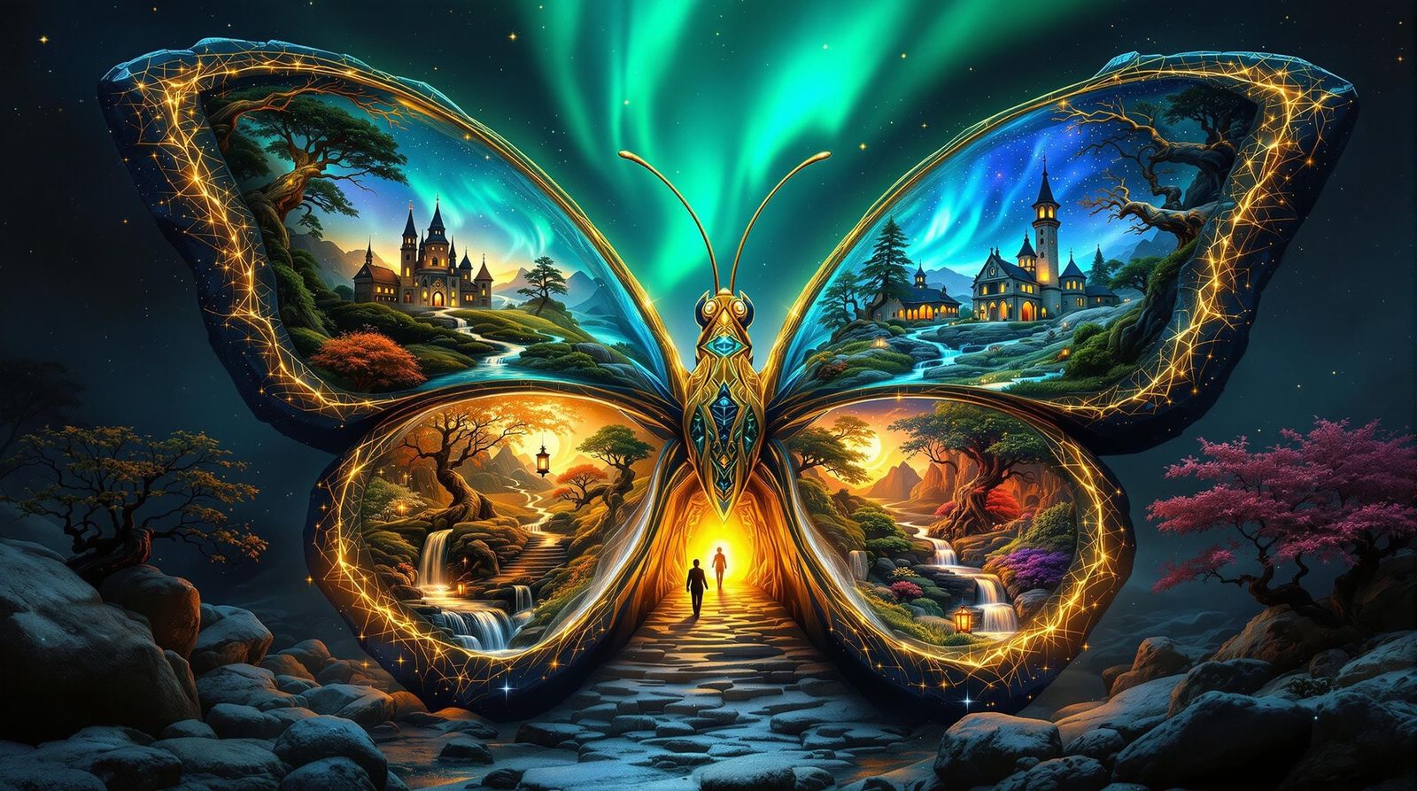 Surreal Geode Butterfly Unfolds the Aurora