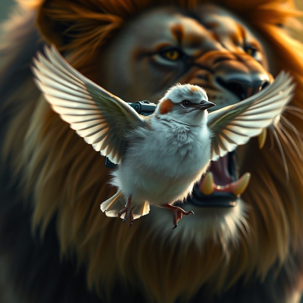 Fluffy Bird Passes Roaring Lion: Sci-Fi Realism