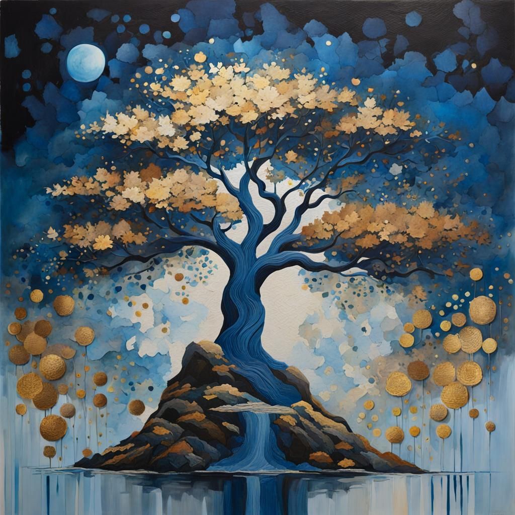 Blue Tree Collage with Gouache and Oil Paint