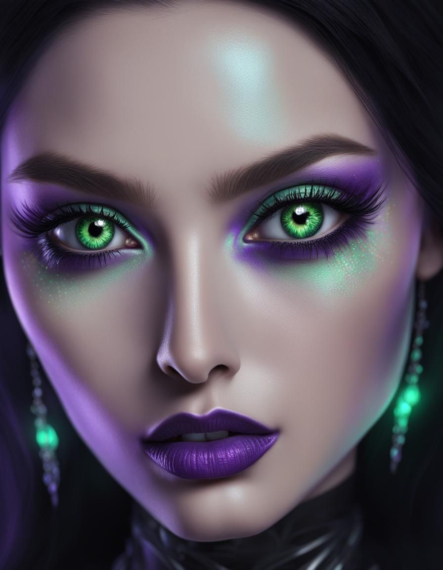 Ethereal young lady with long black hair and green eyes with purple eyeshadow with black eyeliner and purple lipstick an...