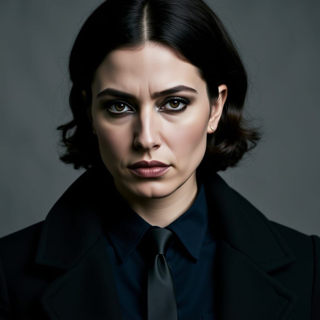 Solemn Woman in Dark Attire Gazing Forward