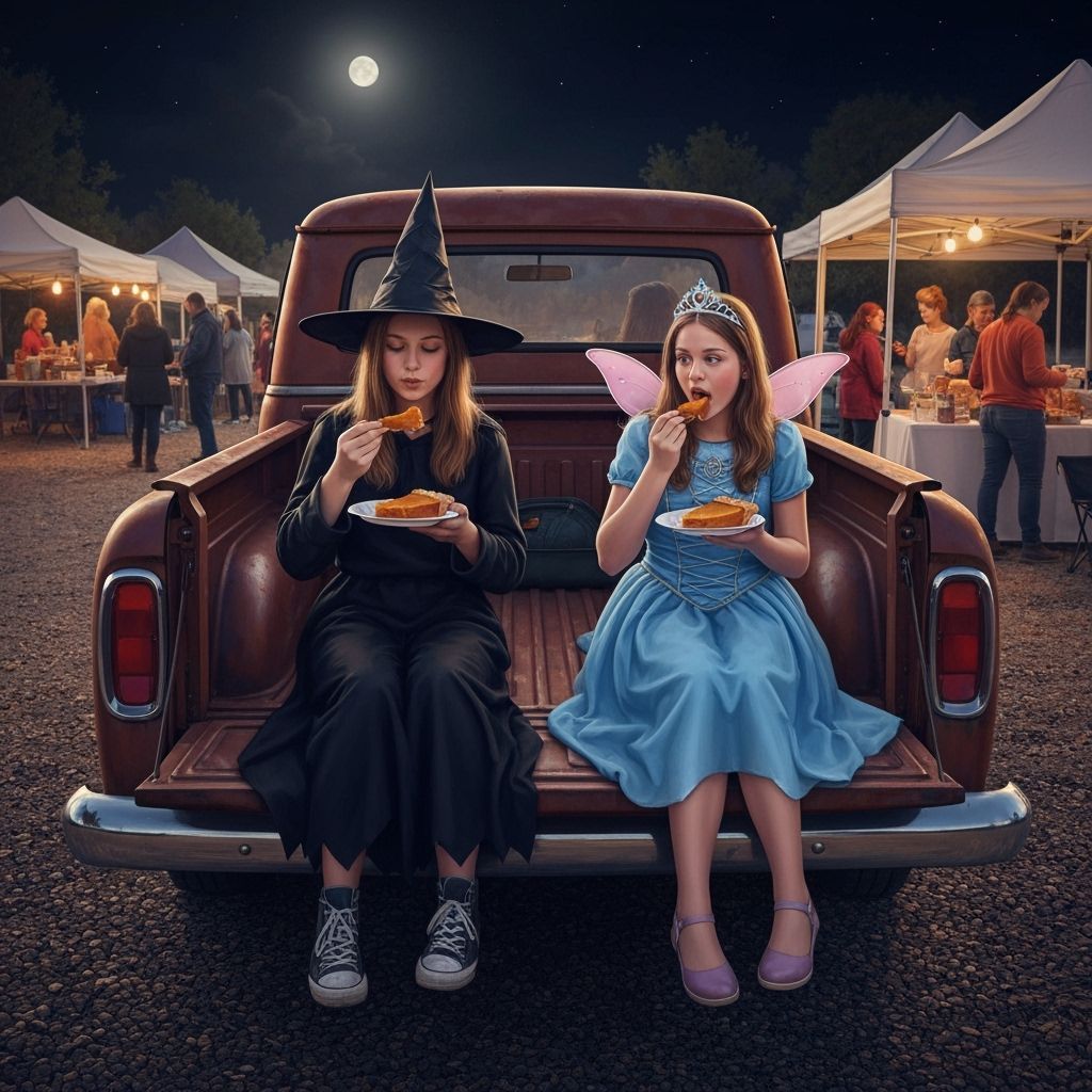 Halloween Night: Girls in Costume Enjoy Pumpkin Pie
