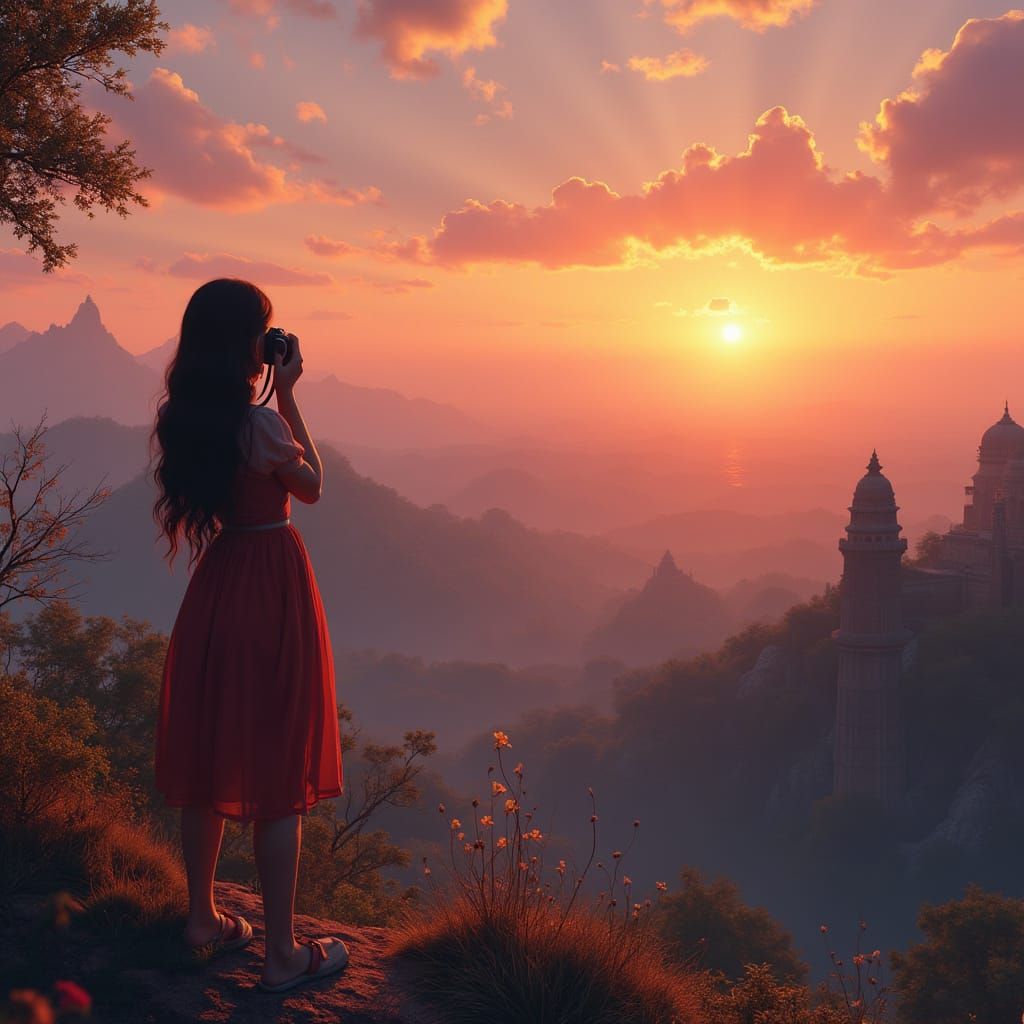 Sunset Landscape with Qutub Minar, Matte Painting